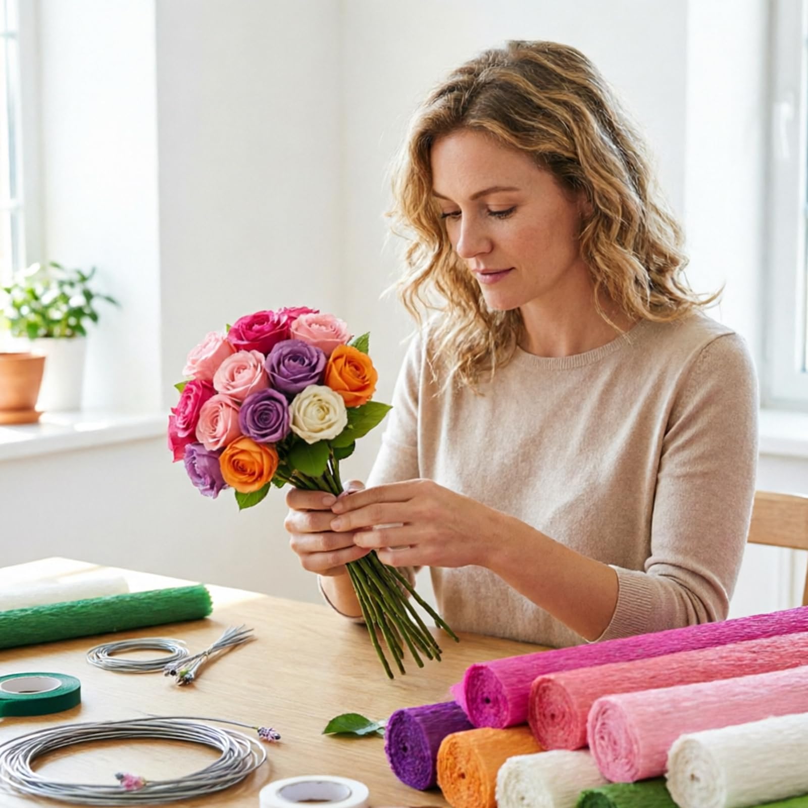 10 Rollen Krepppapier Rollen, Blumen Bastelset für handgefertigte Blumen mit komplettem Zubehör, einschließlich Draht und Klebeband Set Basteln von Papierblumen