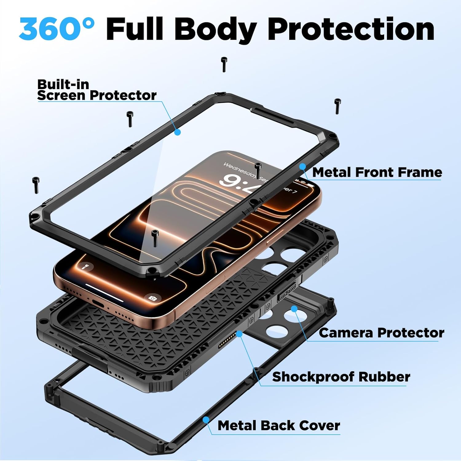 Beasyjoy for iPhone 17 Pro Max Case Waterproof, Heavy Duty Metal Case with Built-in Screen Protector, Full Body Rugged Military Grade Shockproof Dustproof Cover for Construction Outdoor 6.9", Black