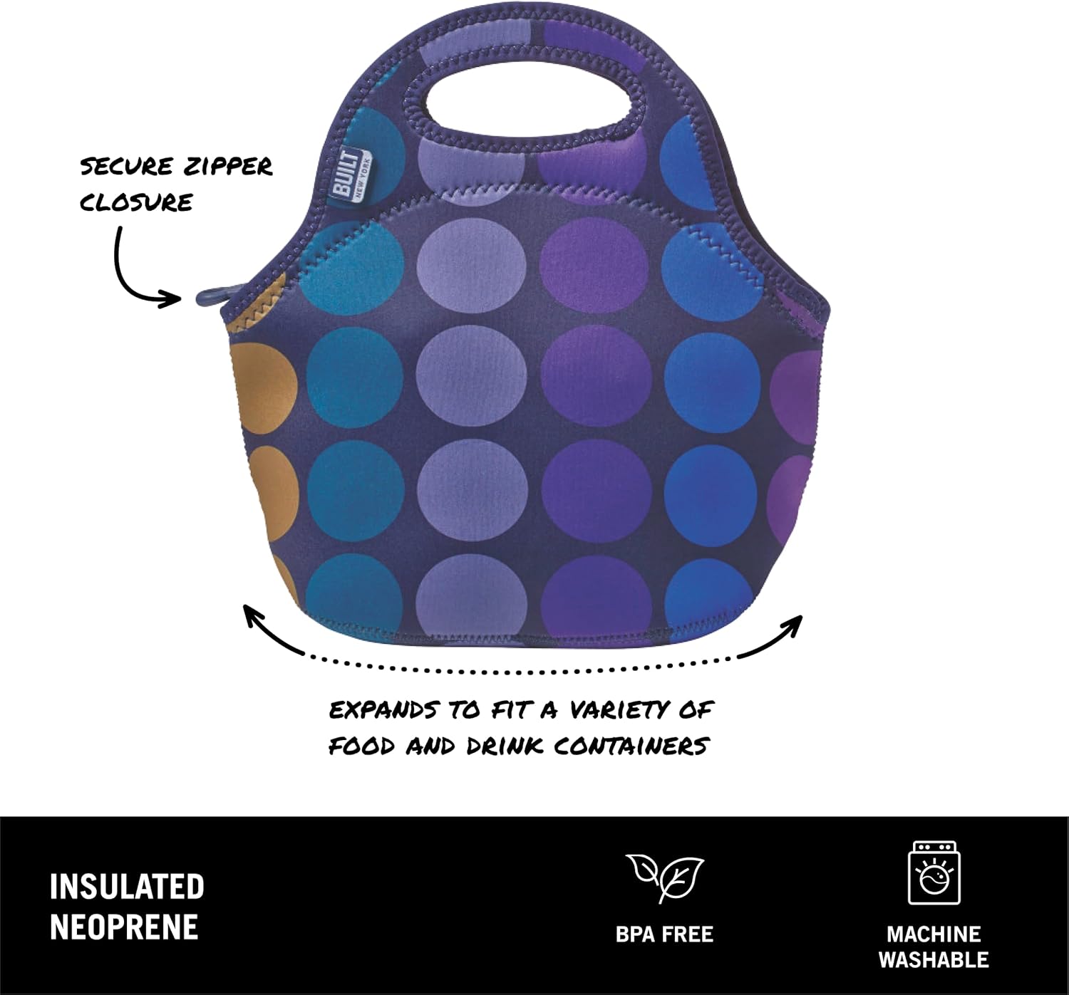 BUILT Gourmet Getaway Soft Neoprene Lunch Tote, Lightweight, Insulated, and Reusable, One Size, Plum Dots
