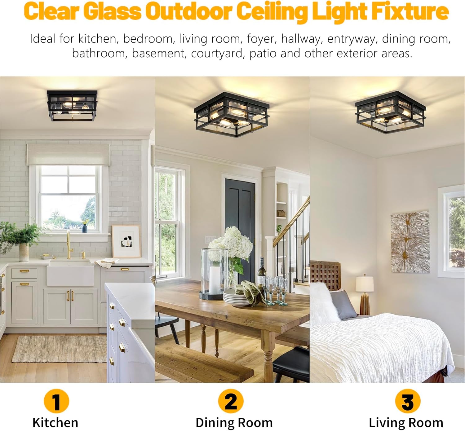 Asnxcju Black Flush Mount Ceiling Light, 4-Light Indoor Outdoor Light Fixtures for Porch with Clear Glass, 12 Inch Modern Close to Ceiling Lights for Bathroom, Covered Patio, Balcony, Foyer