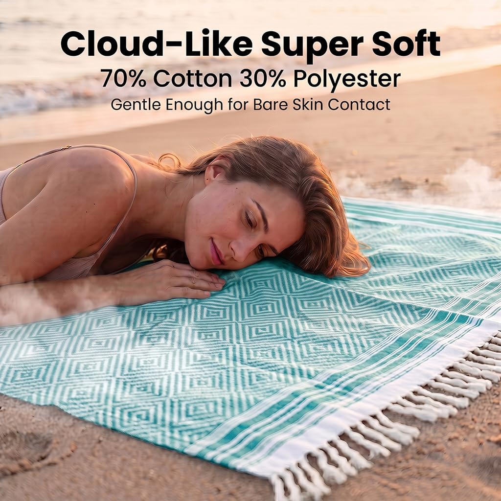 Yongoes Serviette de plage turque surdimensionnée en coton - Grande taille XL - Résistante au sable - En lin - Pour adultes, voyage, camping, glamping - Accessoires essentiels