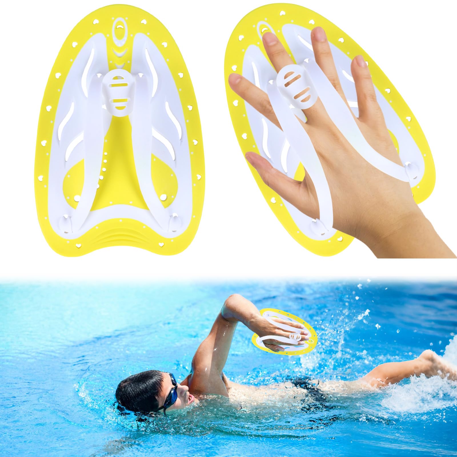 1 Pair Swim Paddle for Adult and Junior Unisex Colorful Hand Paddles with Adjustable Silicone Straps Swimming Strength Training Equipment (Yellow White)