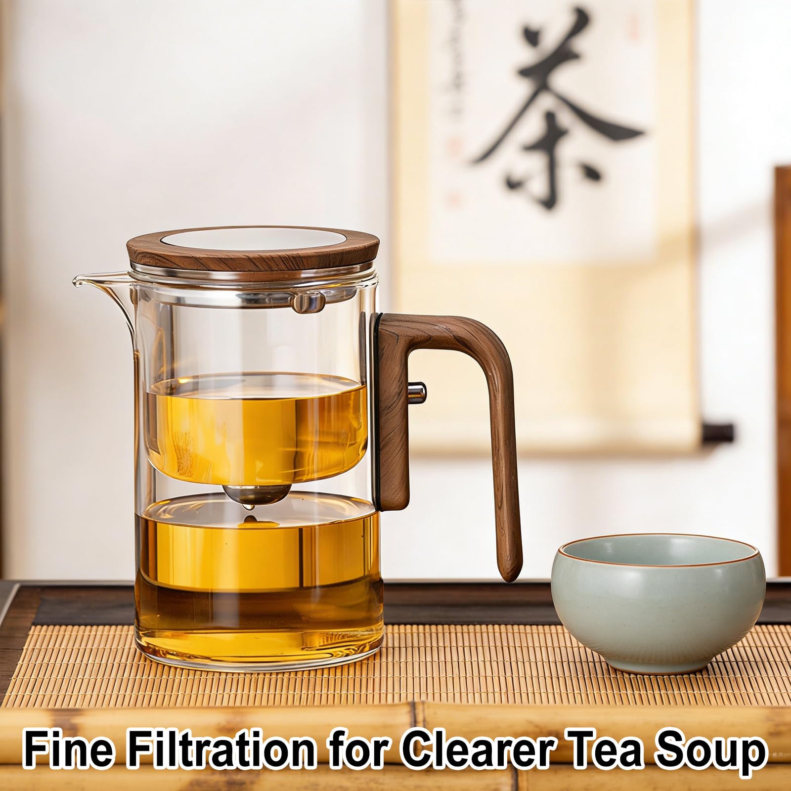 Teteras de Cristal,Tetera de cristal para separación de agua con filtro y mango de madera,Tetera mágica para té a Infusiones,tea infuser regalos para los amantes del té (600, Mililitros)