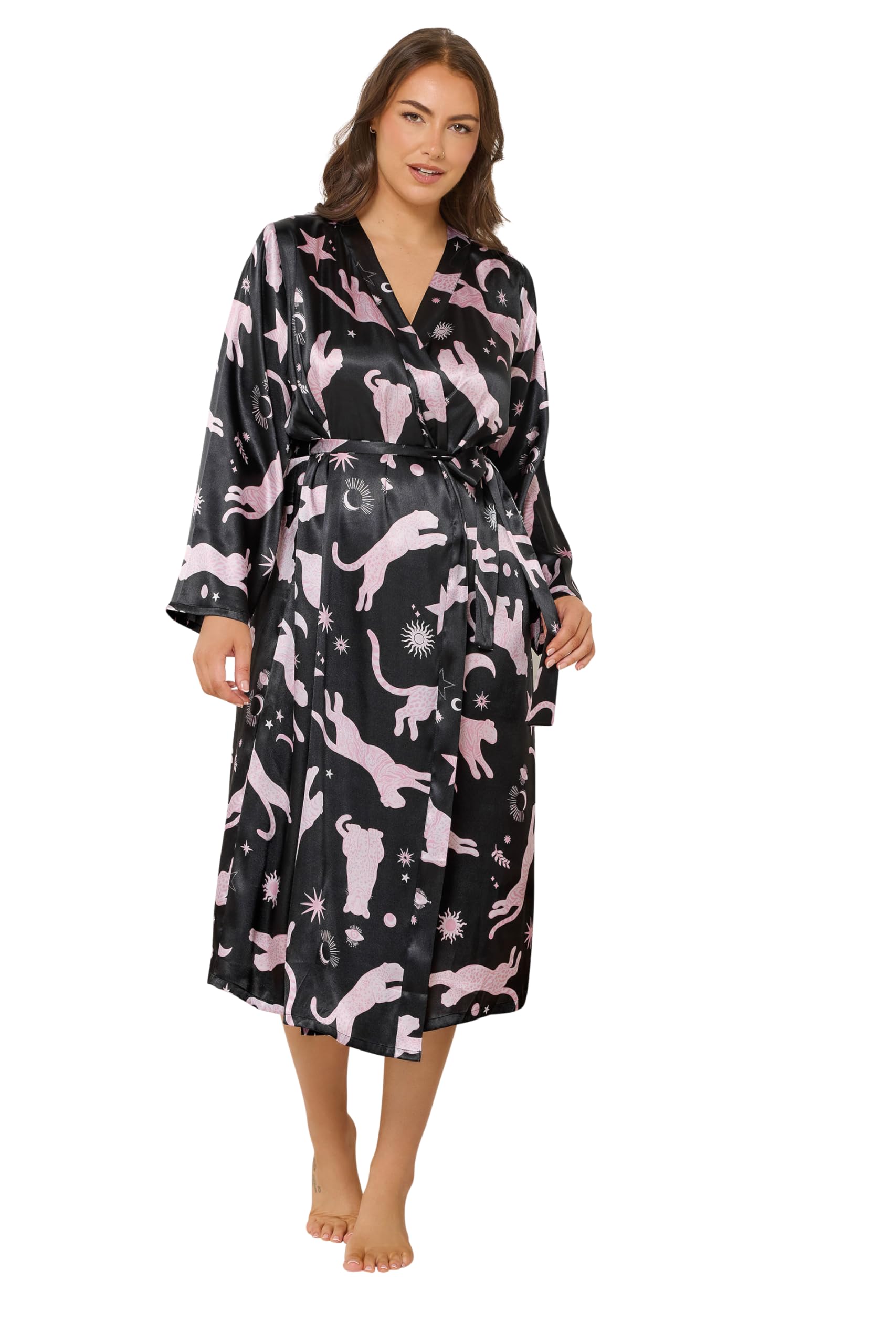 Yours Women's Black Curve Leopard Satin Robe - Plus Size Curve