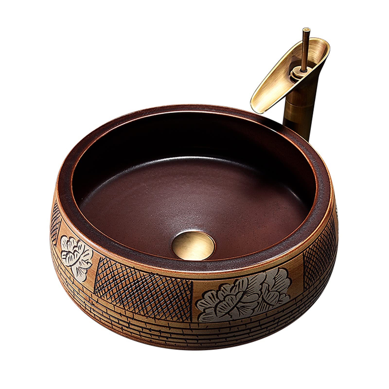TIANQIHAO Round Vessel Sink, Vintage Ceramic Above Counter Artistic Bowl With Faucet And Pop-Up Drain,One Colorc,One Colorc,One Color-A