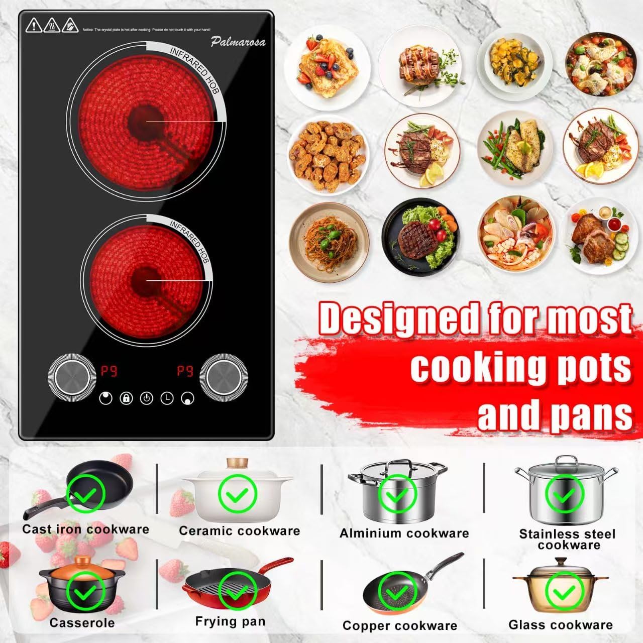 2 Burner Electric Cooktop,12 Inch Built-in Stove Top, 2200W,110V Electric Cook Top, Knob Control, 9 Power Levels,Over-Temperature Protection