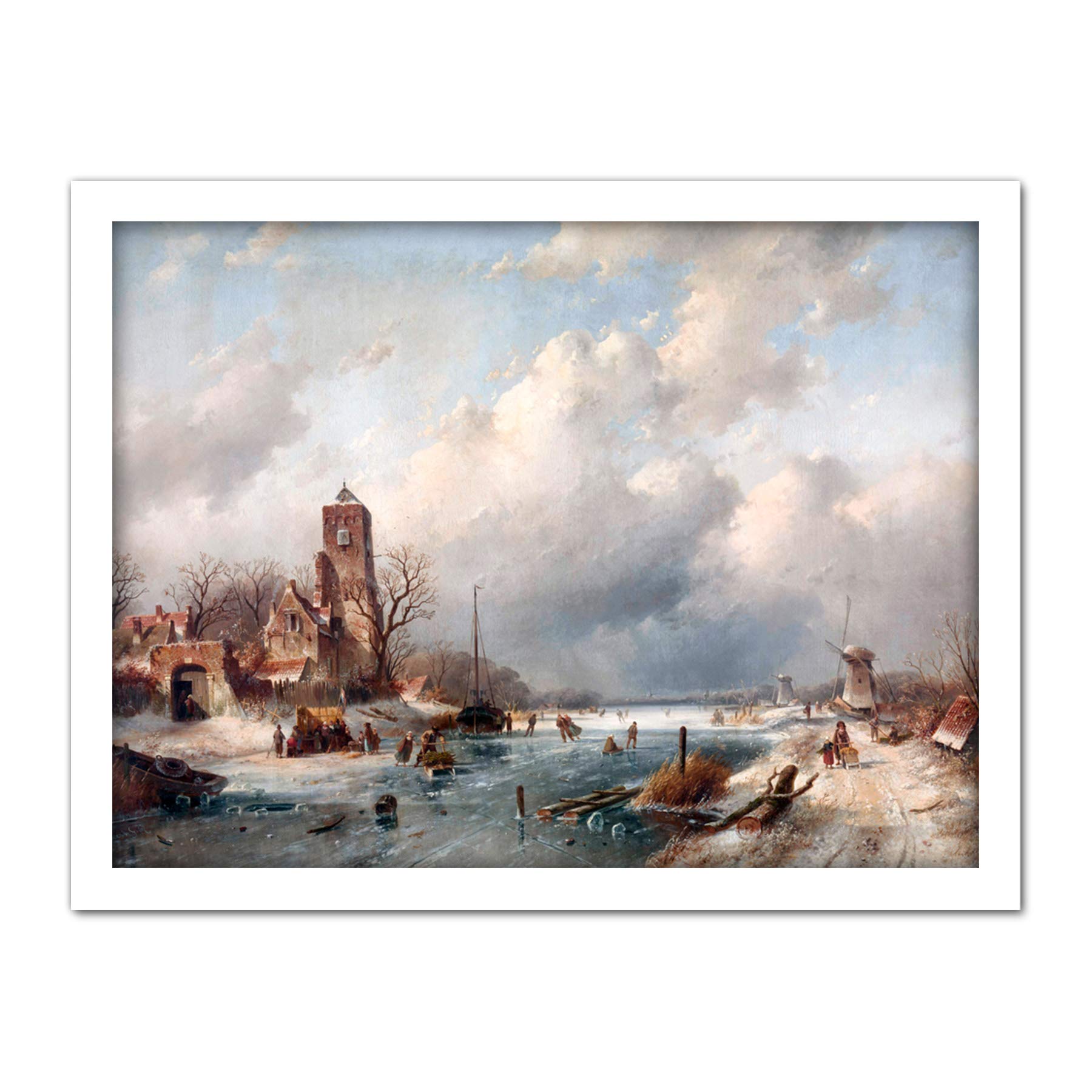 Artery8 Leickert Winter Scene Snow Landscape Painting Artwork Framed Wall Art Print 18X24 Inch