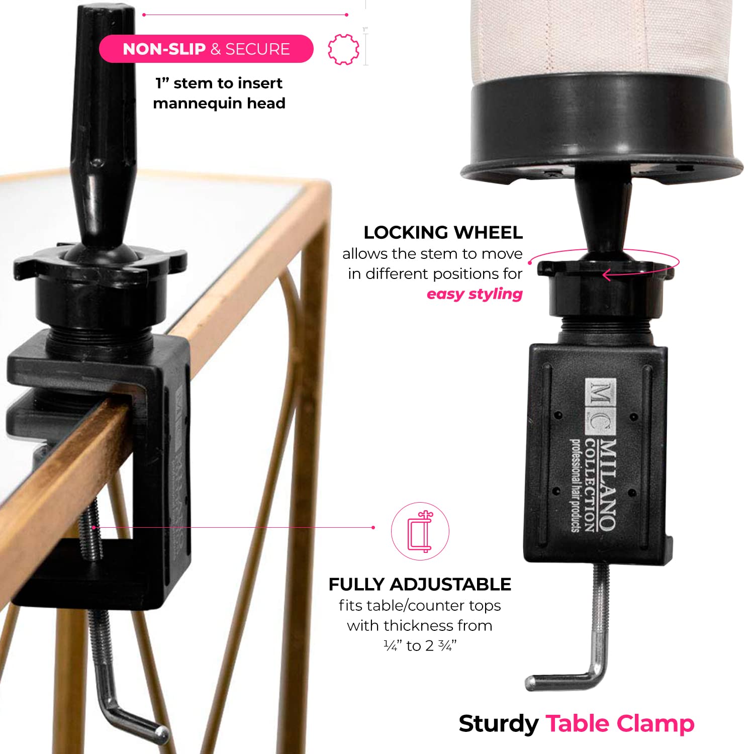 Milano Collection Wig Making & Styling Essentials Kit, Includes 21” Cork Canvas Block Wig Head and 30 pc. T-Pins, Table Clamp Wig Stand, Great for Beginners to Experts