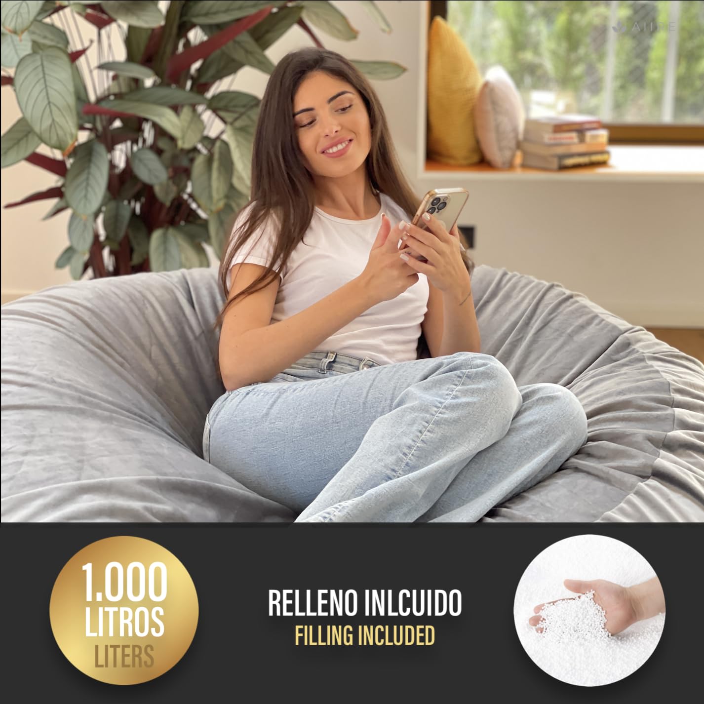 Aiire Puff Gigante de Terciopelo 150x65 cm - Modelos de Puf Salon XXL con Relleno Incluido para Gamer o Decoracion Habitacion Adolescente - Bean Bag Chair o Puffs de Suelo Grandes Gris