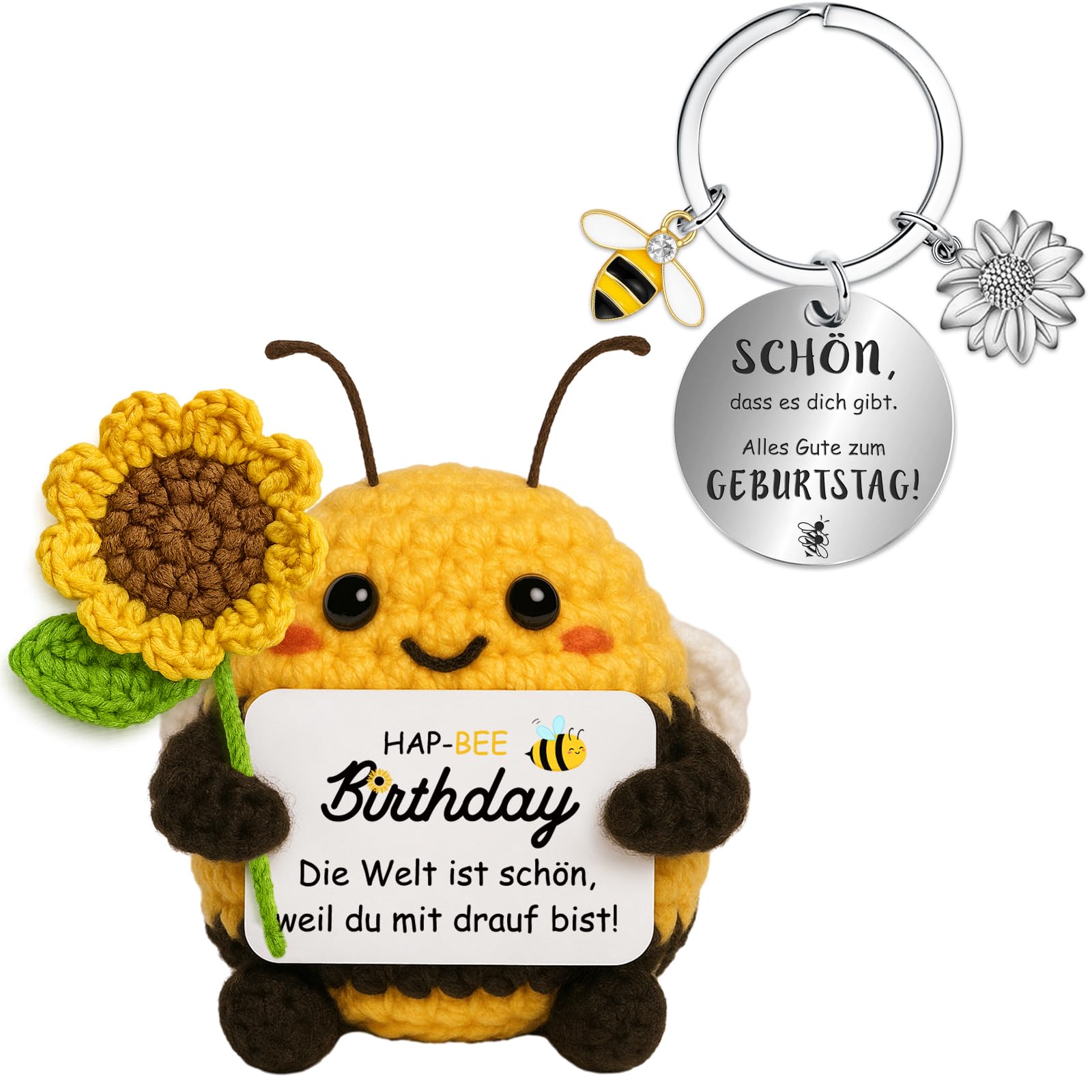 Farbeele Geschenke für Frauen & Männer, Handgehäkelte Sonnenblumen-Biene mit Glücksbringer Schlüsselanhänger, MutmacherGeschenk, Geburtstagsgeschenk für Freunde, Familie, Kollegen, Partner, Mama, Papa