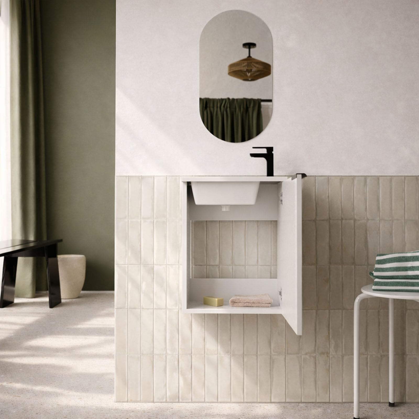 AURLANE Ensemble Meuble Lave Mains MDF ondulé Blanc 40x50x22cm et Miroir Ovale - Milo