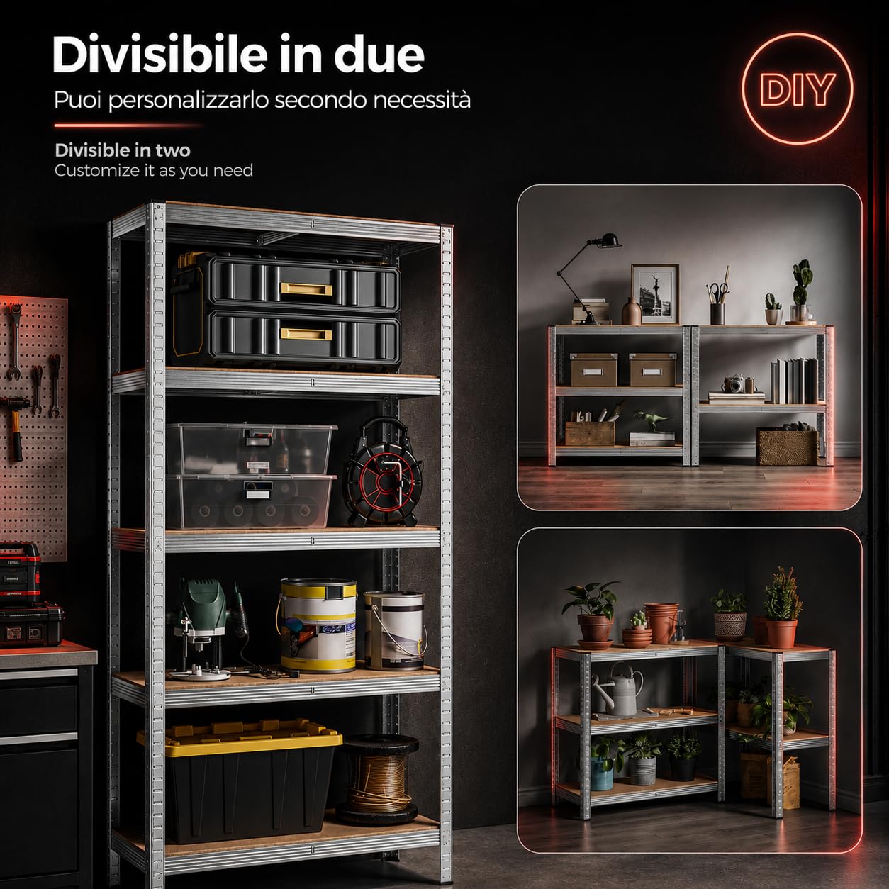 KOMBO - Set 2 Scaffali Metallo Zincato 90x40x180 cm, 5 Ripiani Regolabili, 175 kg Portata Ripiano, 1750 kg Totale, Montaggio Incastro Senza Bulloni, Garage Cantina Magazzino
