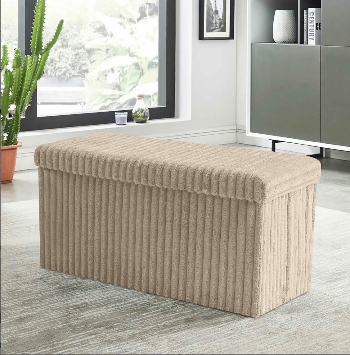BLOOM BLENDS Ribbed Velvet Storage Ottoman Box – Foldable, Stylish & Multi-Purpose Seat with Lid | Available in 5 Colours | Bedroom, Living Room, Entryway (Mink, Large (76x35x36cm))