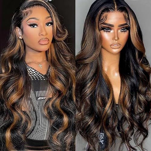 Ombre Highlight 13X6 Body Wave Lace Front Wigs Human Hair HD Transparent Lace Frontal Wigs 1B/30 Brown Colored Pre Plucked 180% Density 30 Inch Balayage Glueless Wig for Women