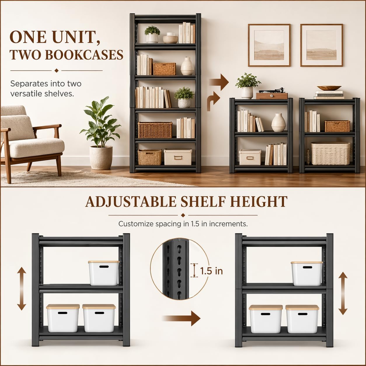Tall Bookshelf with Open Shelves, Metal Office Book Shelf, Adjustable Organizer Bookcase, Standing Storage Organizer Shelf for Living Room (20" W*14" D*54" H)