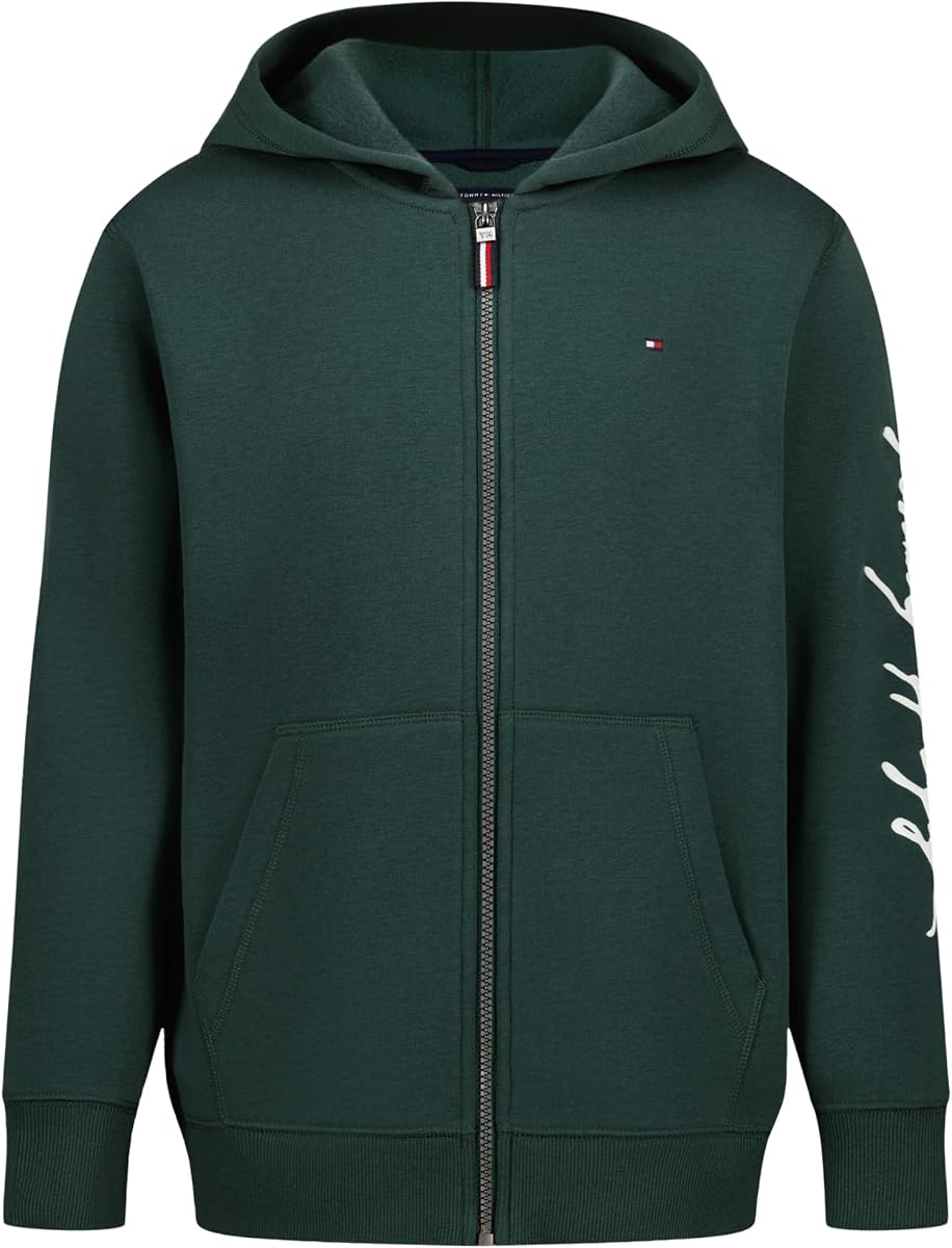 Tommy Hilfiger Sudadera con capucha de forro polar de manga larga con cremallera completa y bolsillos delanteros para niño