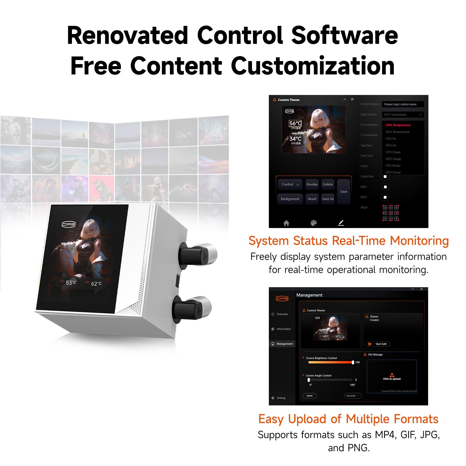 Raffreddatore CPU, raffreddamento liquido AIO da 360 mm, pompa ad alte prestazioni, display IPS da 2,4", raffreddamento ad acqua CPS ARGB con ventole silenziose F5 R120 mm (DC360 Pro ARGB Display WH)