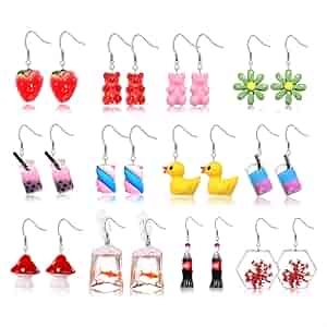 HJYZY 11 Pairs Cute Fruit Dangle Cherry Drop Strawberry Earrings Funny Earrings Gummy Bear Duck Mushroom Butterfly Dangle Wine Bottle Milk Tea Clouds Earrings Set For Women Girls Gift