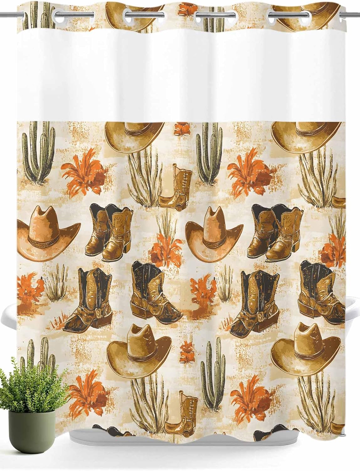 Teamery No Hook Shower Curtain with Snap in Liner, Western Retro Cowboy Boot Hat Curtain Set See-Through Top Double Layers Fabric Shower Curtains Summer Desert Cactus for Bathroom Decor, 72x72in