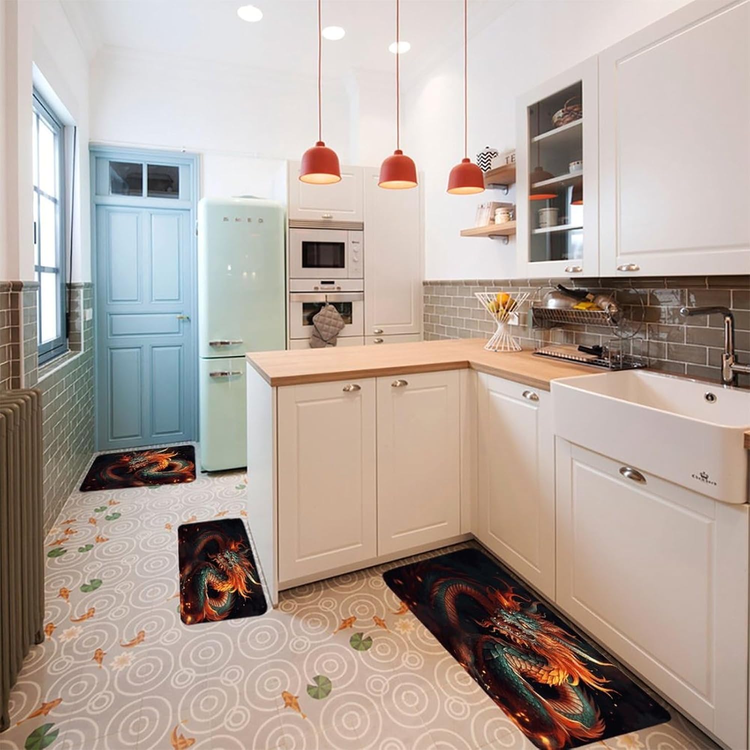 Chinese Dragon Kitchen Mats Soft Absorbent Rugs for Floor Non Slip Washable Kitchen Mats Fashion Rectangular Rugs for Three-Piece Set for Laundry Office Home Sink