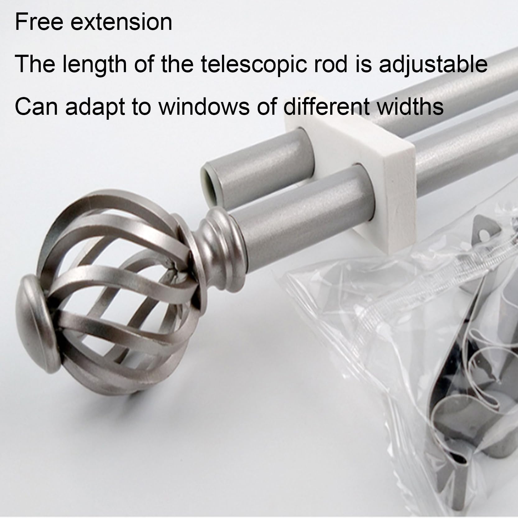 Robuste, Dekorative Einzel Fensterstange, Ausziehbare Gardinenstange, Gardinenstange 32-47 in, Vorhangstange mit Gedrehten Käfigendstücken mit Halterung, Gardinenstange(Color:silber)