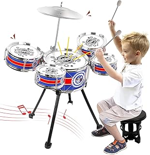 Toy Drum Set for Toddlers Upgrade Drum Kit Kids Jazz Drum Set with Stool, 5 Drums Percussion Musical Instruments Drum Toys for 3 4 5 Year Old Boys Girls Gifts (Blue)