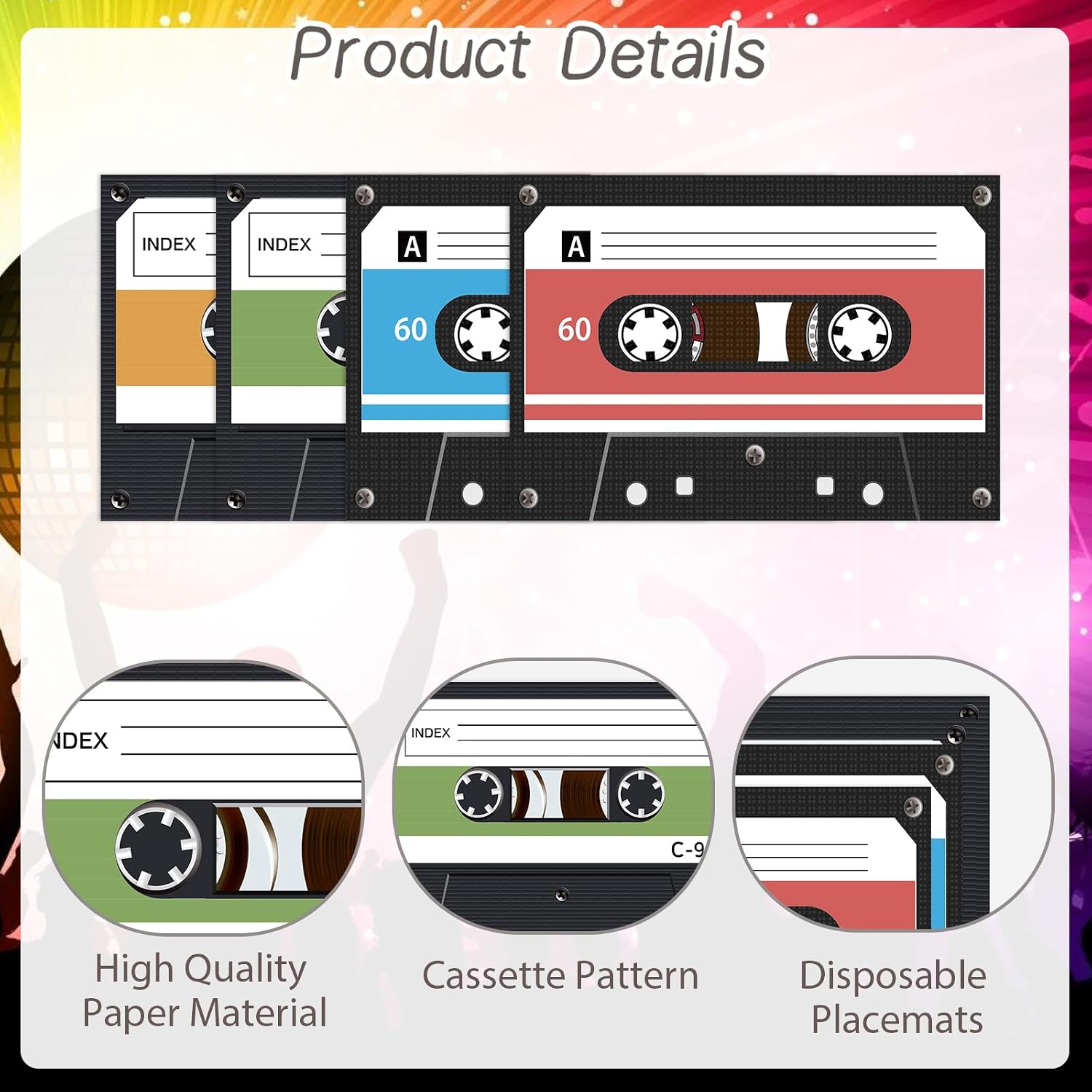 60 Pack Cassette Placemats Paper Placemats Disposable 16x 11 Inch 70s 80s 90s Cassette Hip Hop Paper Table Mats for Birthday Party Home Kitchen Table Decoration