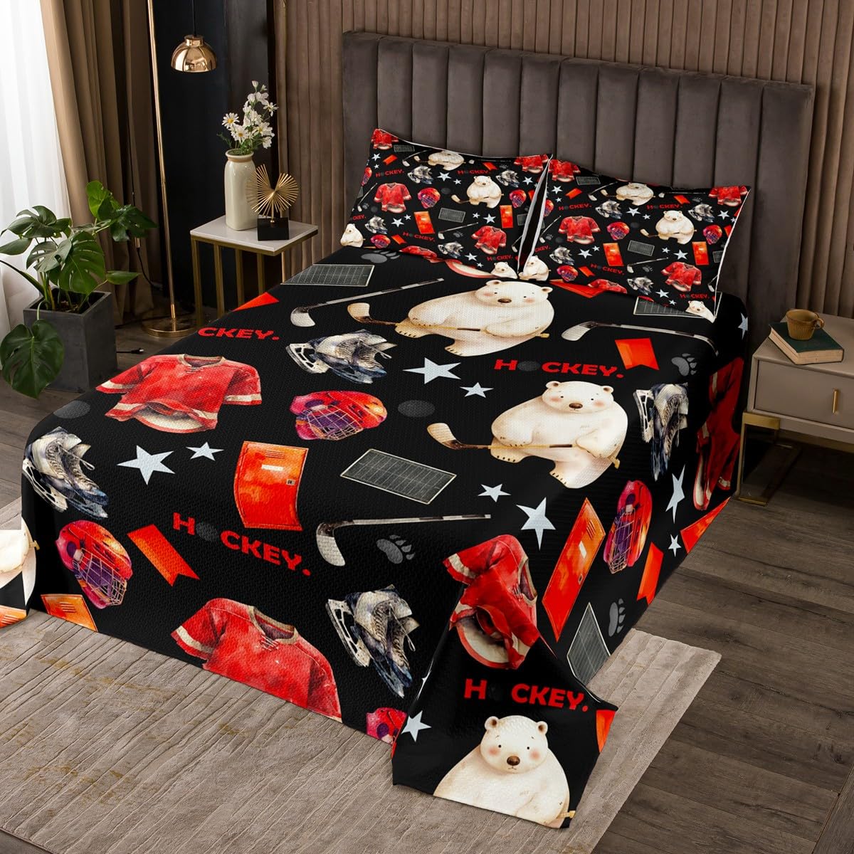 Manfei Ice Hockey Kids Bedspread King Size,Cute Polar Bear Hockey Player Helmet Coverlet Set,Boys Girls Room Decor,Winter Sports Athlete Games Quilted Coverlet,Red Black Bedding Quilt,2 Pillowcases