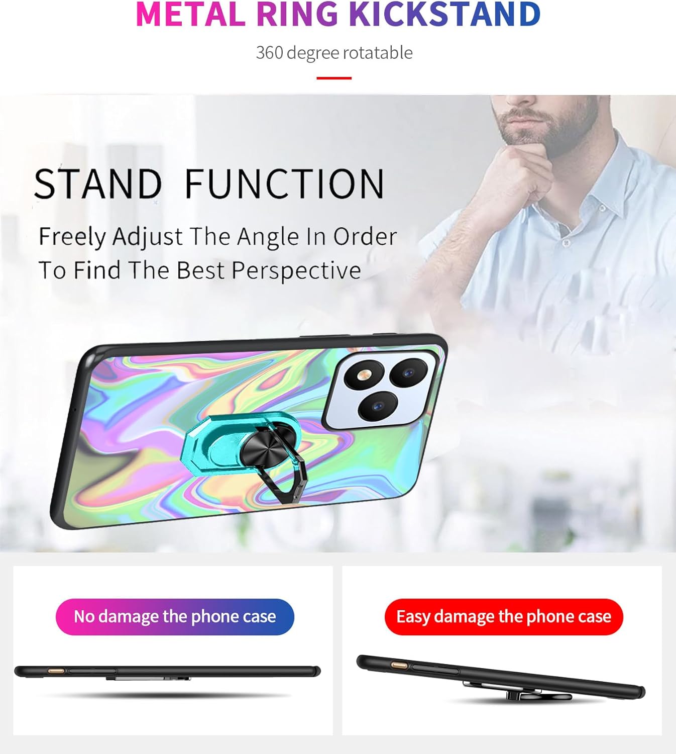 Soft TPU Case for Vortex J24, Vortex Cellular J24 Tempered Glass Screen Protectors 9H, Built-in Ring Finger Holder Kickstand [Support Car Magnetic] Hands Free | Multi-colored Art Wavy Painting - Image 7