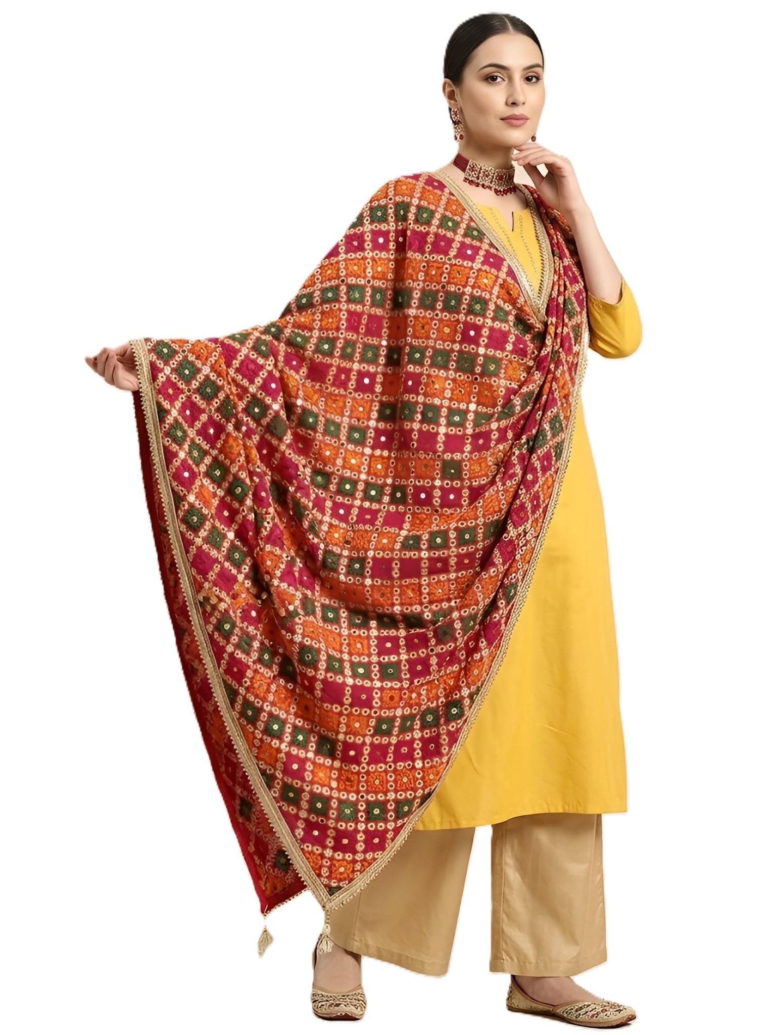 Premium Phulkari Embroidered Chinon Dupatta with Mirror Work, Golden Lace Border & Tassel Latkans-image-18