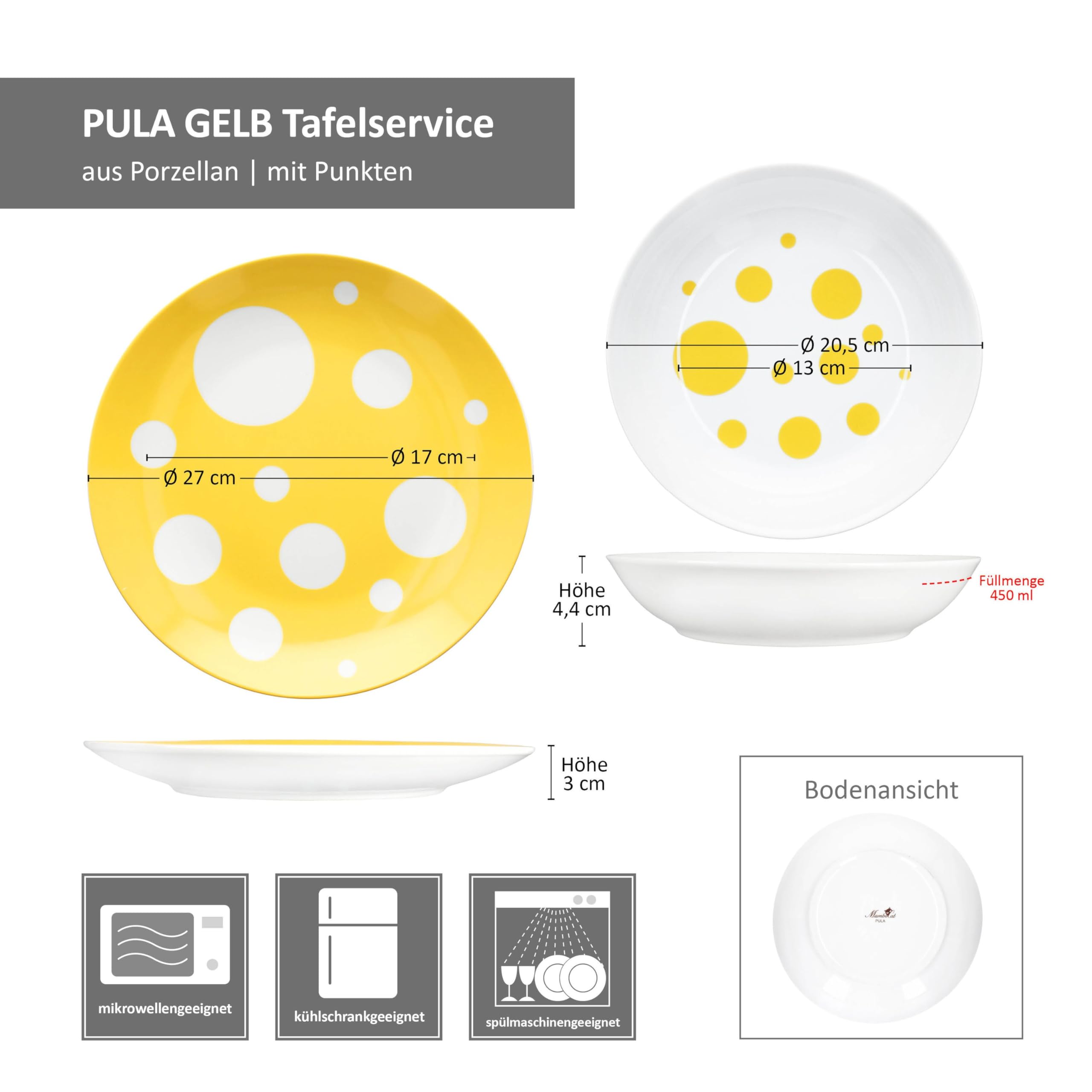 MamboCat Pula Service de table jaune 12 pièces I Vaisselle en porcelaine blanche à pois pour 6 personnes I 6 assiettes creuses & 6 assiettes plates pour petit-déjeuner, déjeuner et dîner
