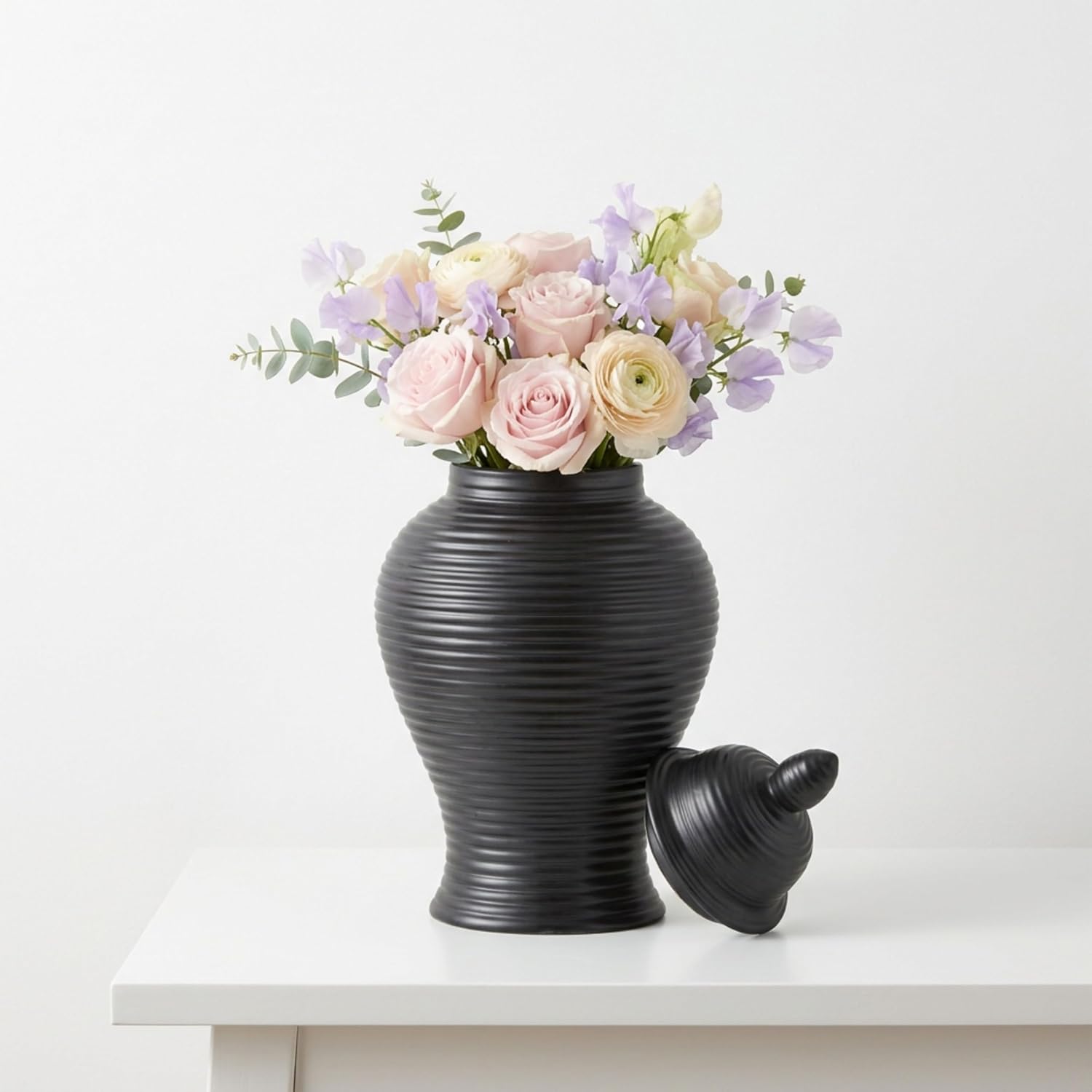 Ribbed Ceramic Temple Jar with Lid for Living Room Decor - Modern Flower Vase for Bedroom, House, or Office Display - Sculptural Home Accent for Kitchen Counter or Table Decor - 18", Black