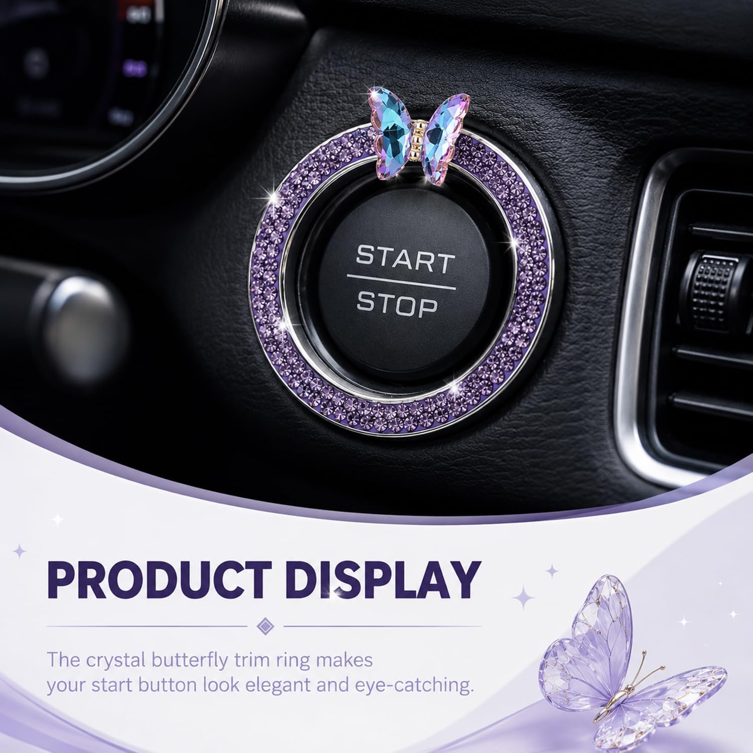 Bling Car Engine Start Stop Button Ring Cover, Crystal Rhinestone Butterfly Push Start Ignition Button Decoration Trim, Luxury Interior Accessories for Women, Universal Fit Auto Decor (Purple)