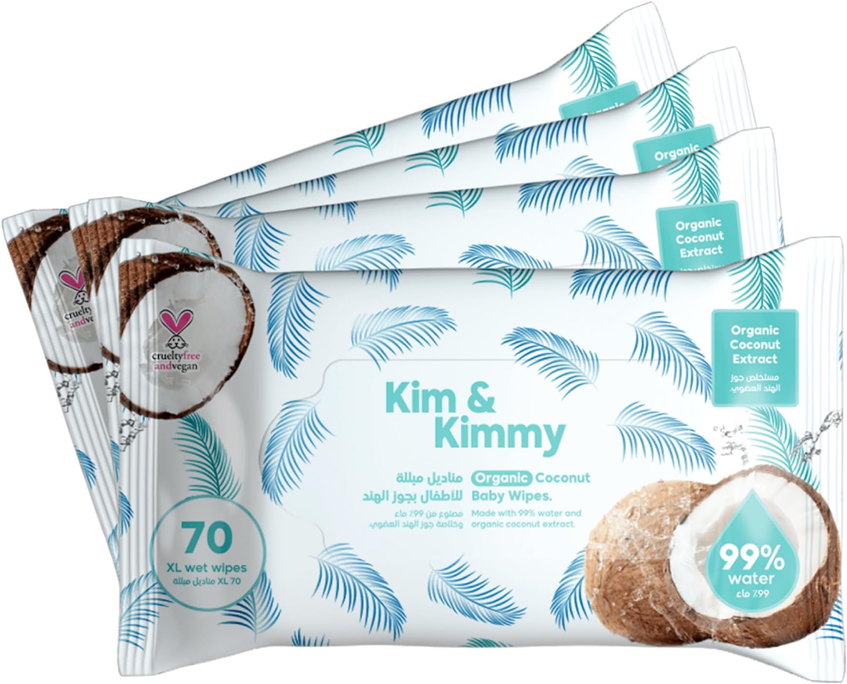 Coconut Water Based Wipes - 4 x Pack of 70 (280 Count) - Organic Coconut Extract - Extra Large for Treating Diaper Rash