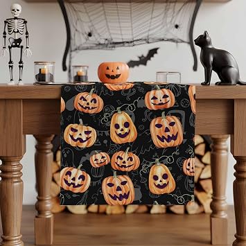 Table Runners-48 Inch Long,Halloween Pumpkin Ghost Horror Face on Black Linen Dresser Scarves Dining Table Runner Vintage Tabletop Scarf for Home Kitchen Holiday Party Decor