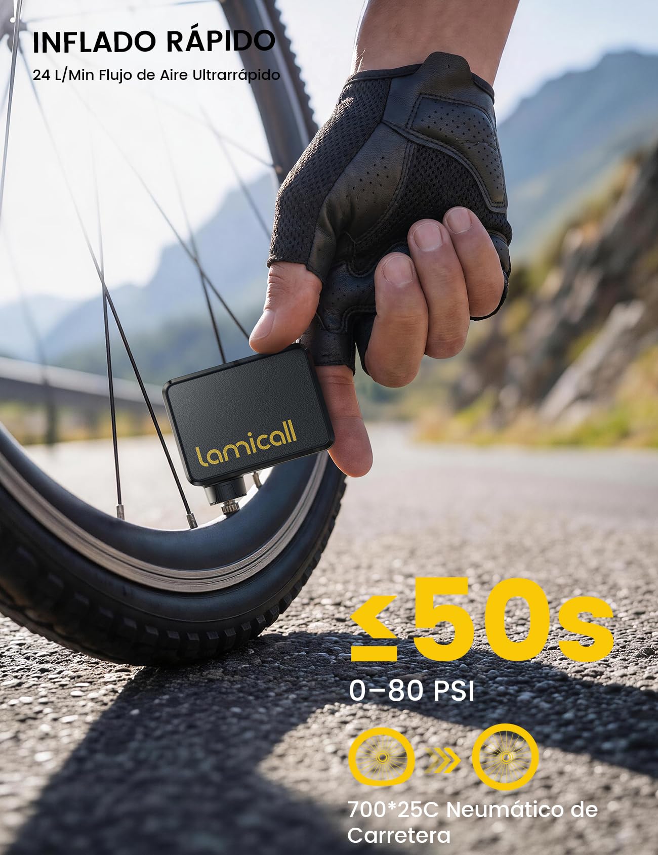 Lamicall Mini Bomba de Aire Bicicleta Eléctrica - [Ultraligera] 120 PSI Bomba Bici Portátil con Manómetro Digital & Parada Automático, 24 L/min, Inflador Ruedas Bicicleta de Carretera/Montaña/E-Bike