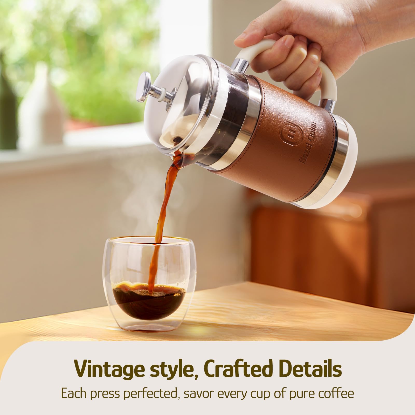 Hazel Quinn French Press Coffee Maker, 450ml/15oz, Heat-Resistant Borosilicate Glass, 304 Stainless Steel, BPA-Free, Easy to Clean, Precision Filtration for Coffee & Tea, Ideal for Home, Travel