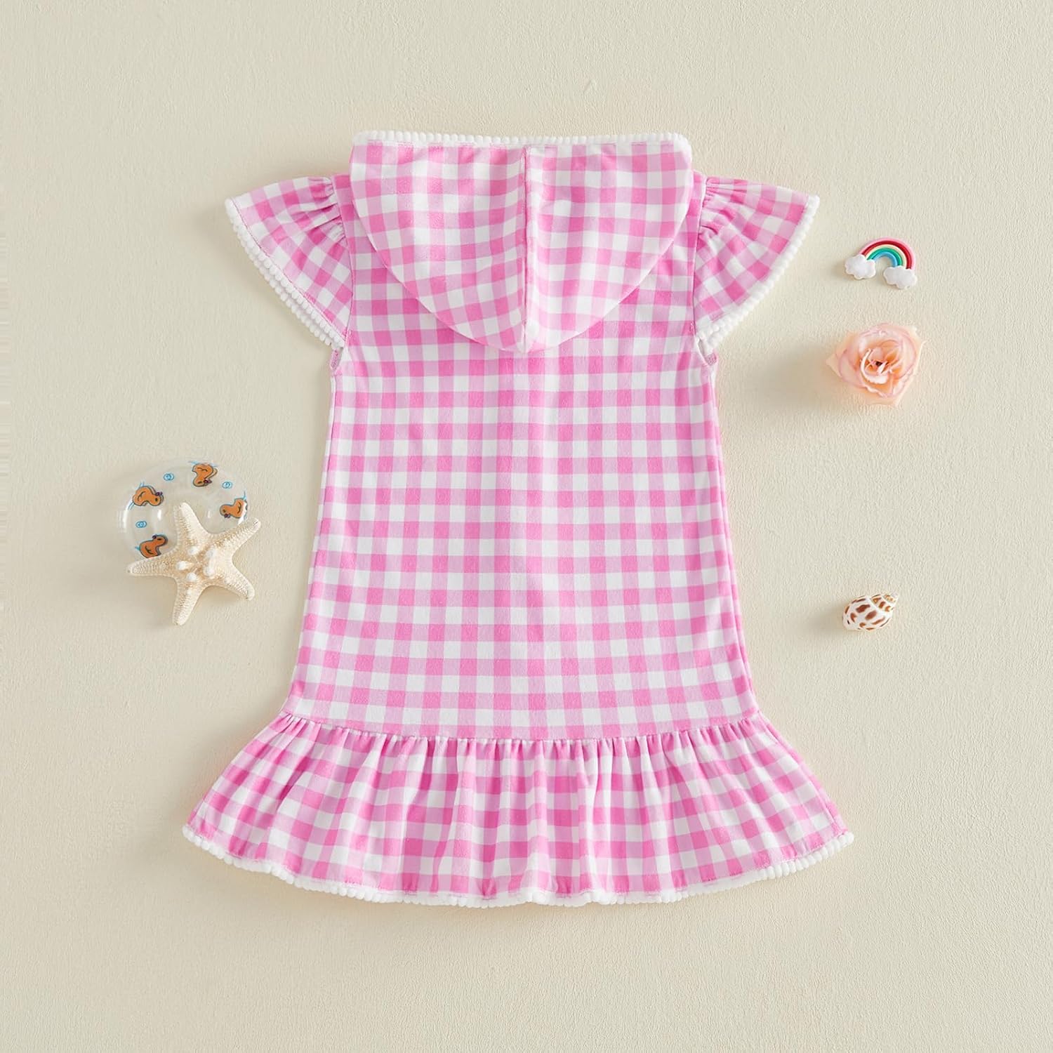 Toddler Girls Beach Cover Up Hooded Towel Robe Short Sleeve Zipper Bow Embroidery Terry Cloth Swim Coverup