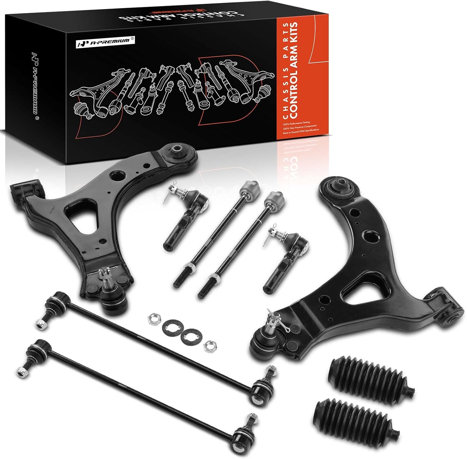 A-Premium Set of 10, Front Lower Control Arm with Ball Joint, Tie Rod End, Sway Bar Link, Rack And Pinion Bellow Kit, Compatible with Chevrolet Uplander Buick Terraza Saturn Relay Pontiac