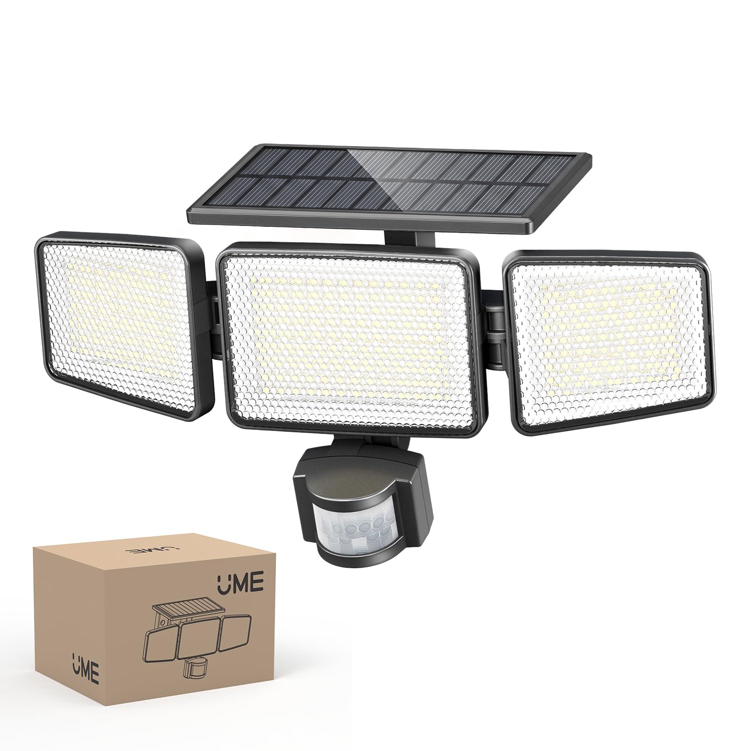 UME Solar Security Lights Outdoor Motion Sensor, 302 LEDs 1200Lm Solar‑Powered Wall‑Mounted Flood Light, IP65 Waterproof Outdoor Security Lights with 3 Adjustable Heads & 3 Lighting Modes (1)