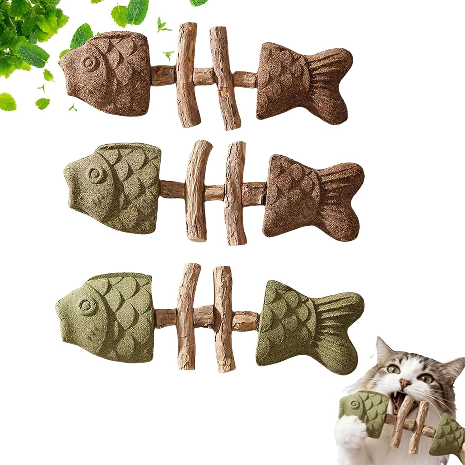 2026 New Creative Fish Bone Cat Dental Chew Toy -Natural Catnip & Silvervine Teeth Cleaning Stick,Fix Cat Dental Health,Durable Wooden Feline Tooth Care Tool,for Cats Teething and Stress (3Pcs)