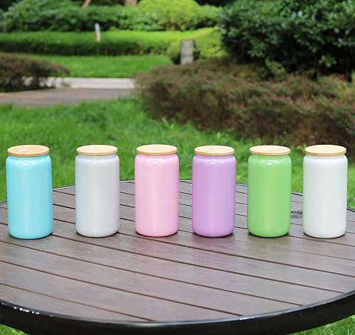 Miniatura 7 de Paquete de 30 vasos de vidrio de sublimación con tapas y pajitas, vasos de cerveza de sublimación brillante de 16 onzas, vasos de vidrio iridiscente