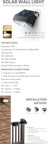 Miniatura 8 de Luz solar para valla, doble CCT 4000K 3000K luz solar de pared al aire libre, impermeable, 1000 lúmenes, mini sensor de movimiento, iluminación