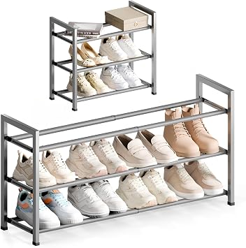 Bumusty 3 Tier Expandable Shoe Rack for Closet, Light Grey