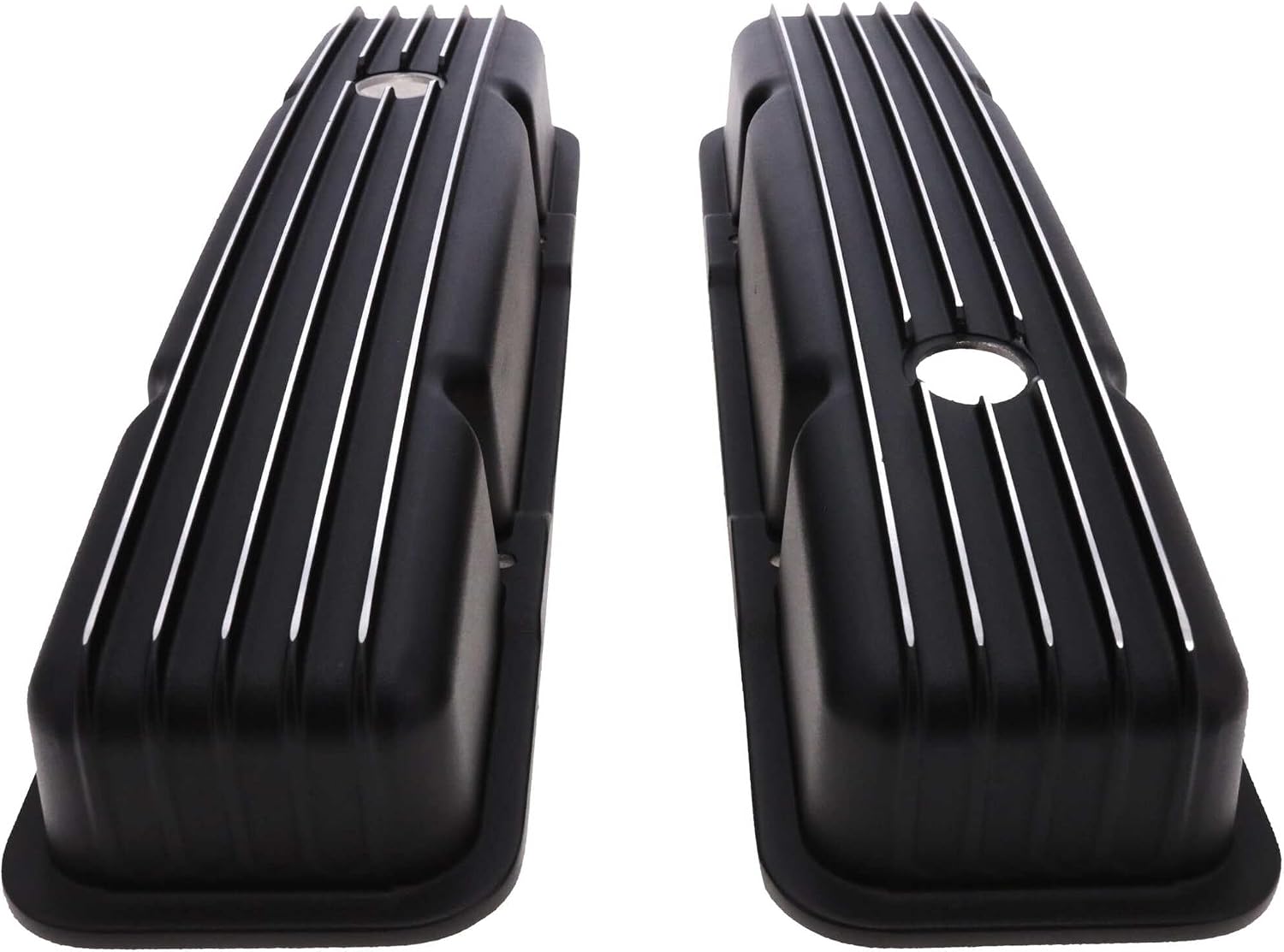 Top Street Performance Finned Aluminum Valve Covers, 2 9/16" Ht 1.25" Hole for 1958-1986 Chevy Small Block - Black