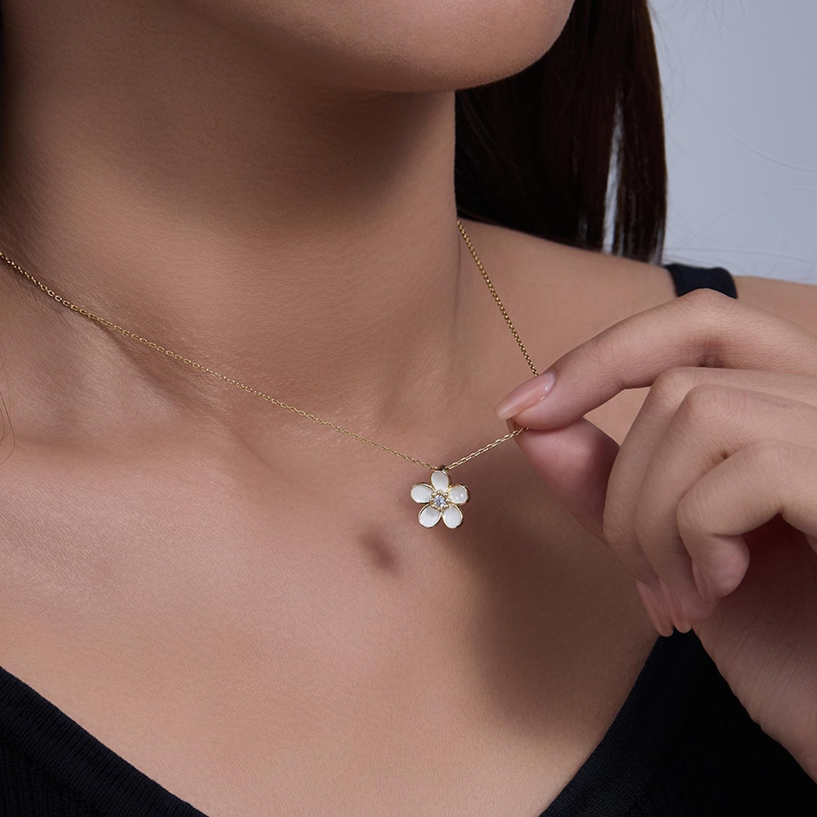 Collar con colgante de flor para mujer, cadena de oro amarillo de 9 quilates, 14 quilates, 18 quilates con diamante, collar con colgante individual para ella, 40 + 5 cm