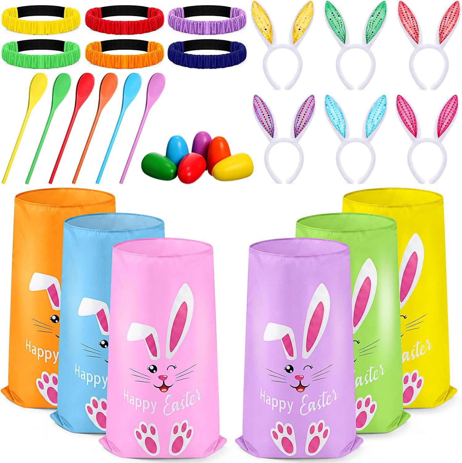 Civaner 30 Pcs Easter Games Set for Kids Outdoor Includes 6 Bunny Potato Sack Race Bags 6 Easter Egg and Spoon 6 Bunny Ears Headbands 6 Legged Relay Race Band for Game Party(Rainbow Color,Happy)