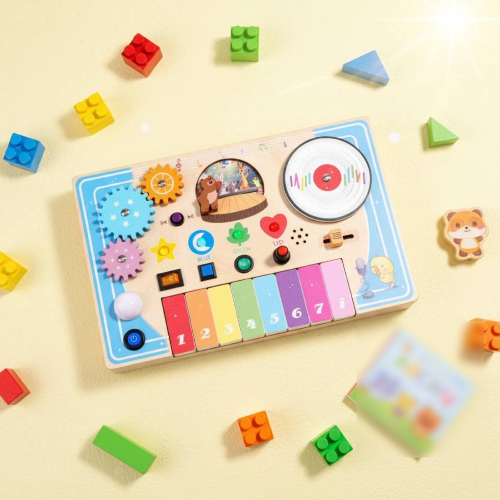 Colcolo Children Music Board Tavola Sensoriale Legno Piano Giocattolo Pannello Attività con Tastiera Rotella Ingranaggi Pulsanti Elementi Scorrevoli per