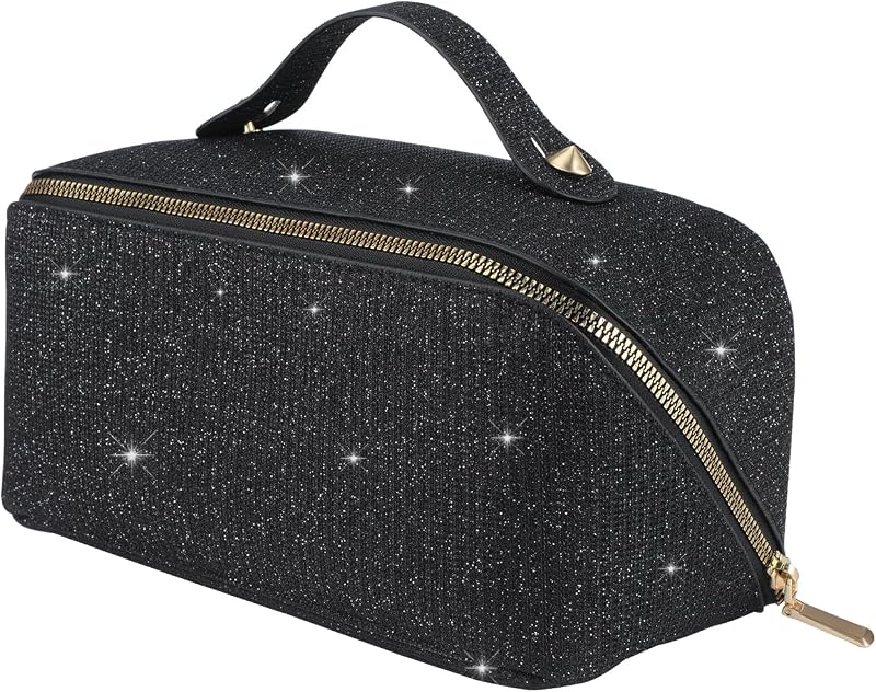 Necessaire KEYPOWER com lantejoulas brilhantes, alça e zíper, preta