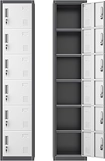INTERGREAT Metal Lockers for Employees, 6 Door Storage Locker, Tall Steel Locker Cabinet for School, Office, Home, Gym, Kid Room, with Mirror (Grey White)